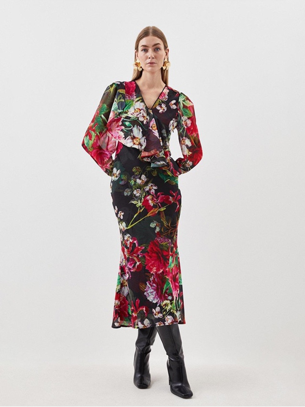 Karen Millen Garden Floral Printed Georgette Woven Maxi Dress Moody Floral Us 14